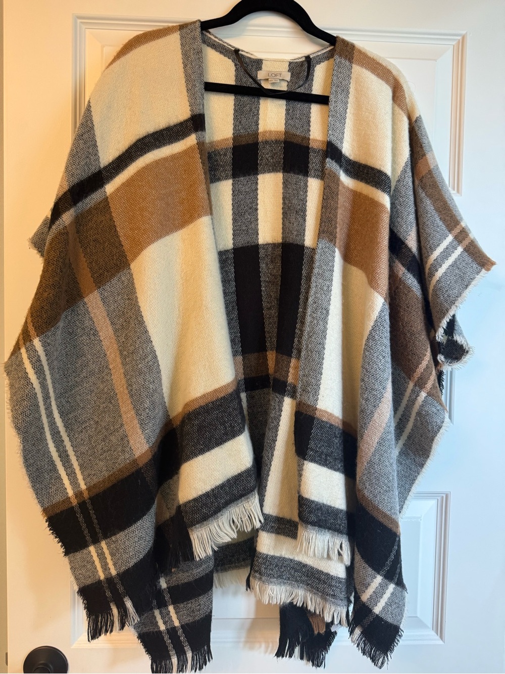 LOFT Cream, Brown and Gray Plaid Fringe Cape